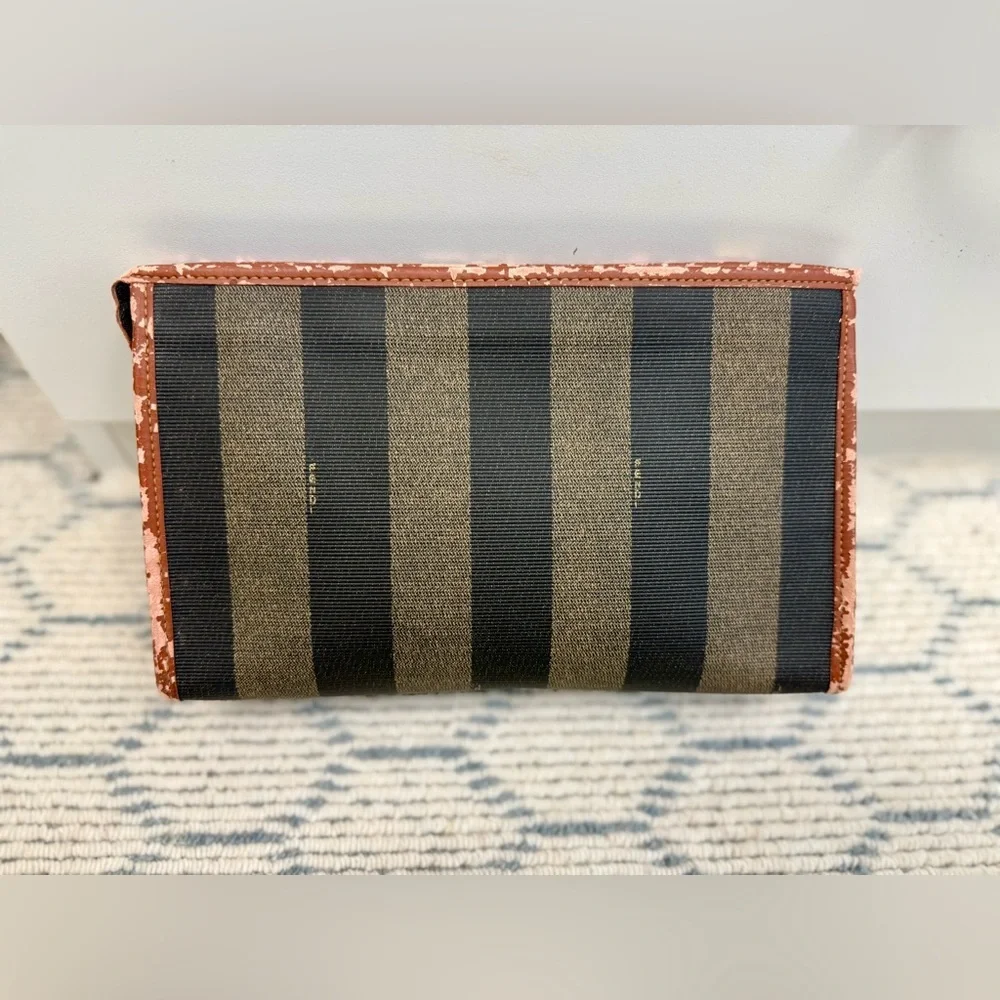FENDI Vintage Classic Brown Canvas Leather Pequin Striped Logo Clutch Pouch - Picture 4 of 16